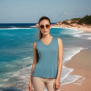 EILEEN FISHER Teal Crinkle Knit V-Neck Sleeveless Tank Top Size S NWT